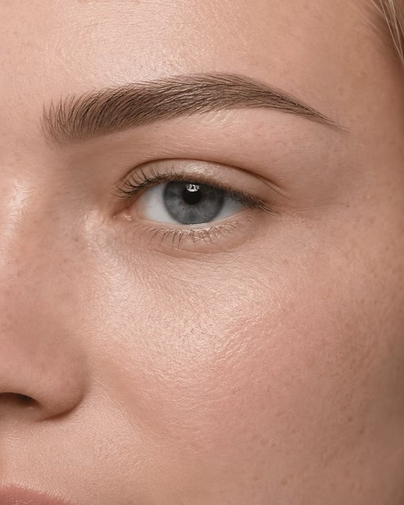 Close-up van een natuurlijke, verzorgde wenkbrauw met fijne haartjes